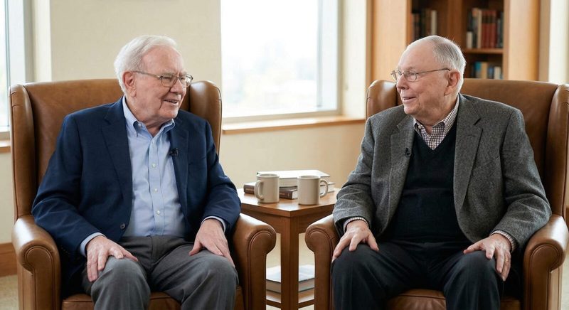 Buffett và Munger ngồi hai ghế da nâu trong thư viện, giữa là bàn nhỏ có sách và hai cốc cà phê